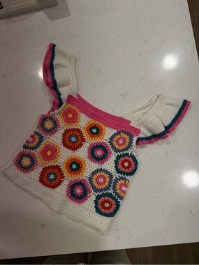 Crochet Floral Square Neck Tank Top - White with Pink, Teal & Orange